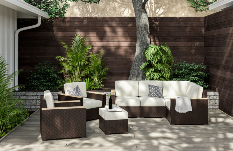 Palm Springs Outdoor 4 Seat Sectional, Arm Chair Pair and Ottoman